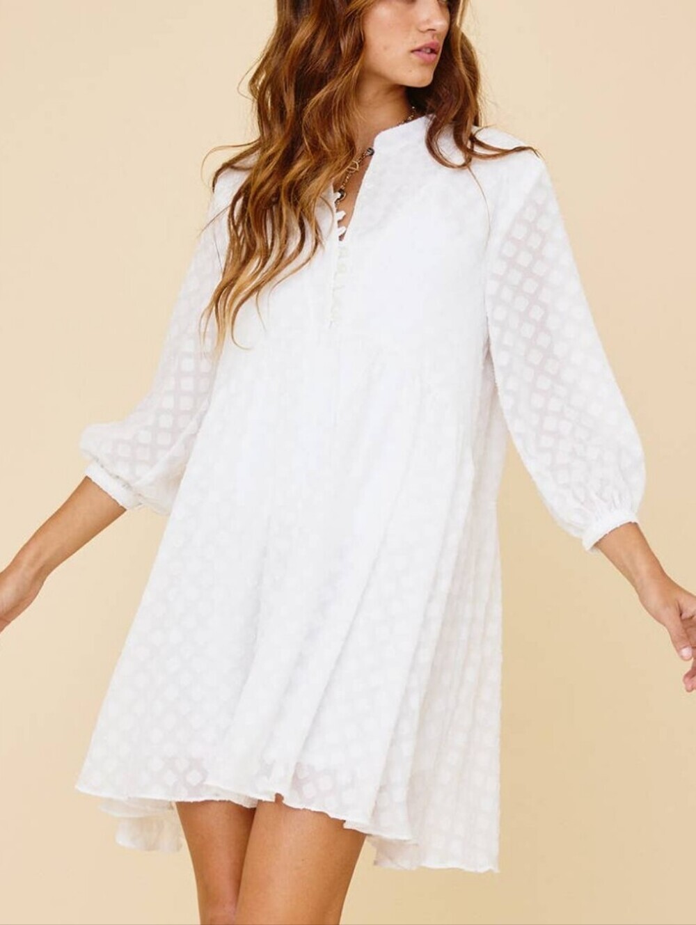 Ces Femme White Mini Dress with Swiss Dot Texture